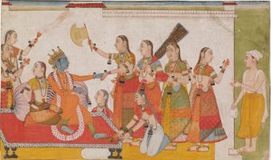 Krishna welcoming Sudama, from a Bhagavata Purana