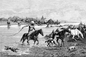 Kyrgyz crossing a river, Kyrgyzstan