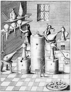 Laboratory for refining gold and silver, showing typical laboratory equipment by Unbekannt