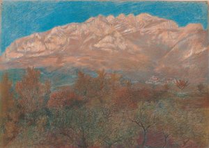 Landscape with the Rose and Purple Mount Resegone Behind the Foliage of the Trees Under a Blue Sky