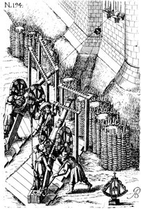 Laying siege canon on target, from Le diverse et artificiose machine by Unbekannt
