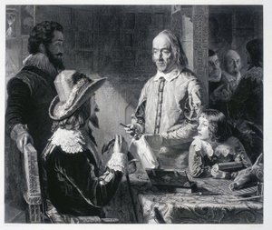 The English doctor William Harvey (1578-1637) showing King Charles I of England (1600-1649) the theory of blood circulation by Unbekannt