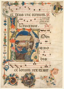 Leaf from an Antiphonary with Historiated Initial H with The Nativity Recto, Early 1300s