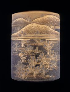 Makie Lacquer Inro Decorated with Stylised Pine Trees and Hills, Late Edo Period, Japan