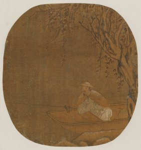 Man Fishing from a Boat Under a Tree by Unbekannt