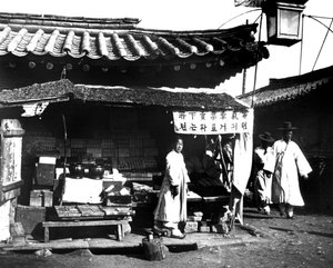 Market stall, Korea, 1900