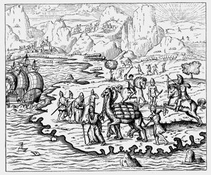 Merchants Transporting Goods to the Coast and a Waiting Vessel by Camel, 1575