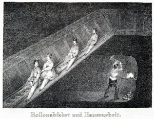 Salt mine: descent system by slide and work of a miner breaking the salt into pieces by Unbekannt