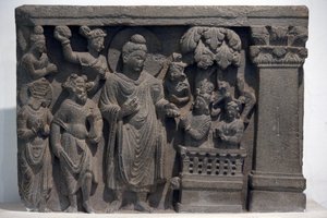 National Museum of India, Delhi. Buddha with Naga-Kalika. Gandhara, 2nd century A.D., Stone. Loan from Mayo College Museum, Ajmer. India.