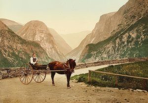 Norwegian Farm Girl on a Horse Cart. Around 1900. Photochrom. Photograph by Photoglob / Zurich by Unbekannt