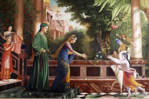Painting depicting young Krishna running to Mother Yasoda and Nanda Maharaj (his foster parents) Watford United Kingdom