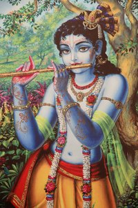 Painting Depicting Hindu God Krishna Playing a Flute Outdoors