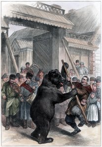 Performing bear in a Russian village, 1877 by Unbekannt