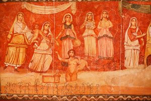 Pharaoh and the Childhood of Moses, Fresco from the Synagogue of Dura Europos, 244-245, National Museum of Damascus, Photo Taken at the Jewish Museum, New York by Unbekannt