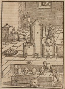 Preparation of Liquids Used to Extract Silver Ore from Gold Ore - Engraving from Description of Ores and Principal Mining Methods, by Lazarus Ecker