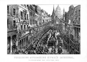 Procession approaching St Pauls Cathedral, Thanksgiving Day, 27 February