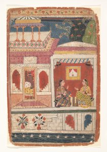Radha and Her Confidant Sit in an Open Room: Page from a Dispersed Rasikapriya by Unbekannt