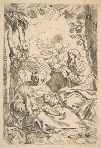 Repose in Egypt, Holy Family seated while an angel pulls at tree branches by Unbekannt