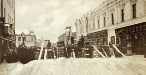Revolutionary barricades on Seleznevskaya Street, Moscow, Russia, during the uprising in 1905