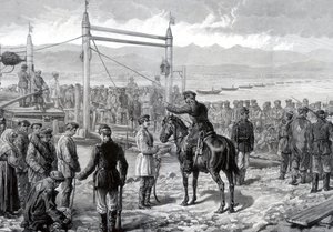 Russian convicts under military escort waiting to be ferried across the river Yenisei, Siberia