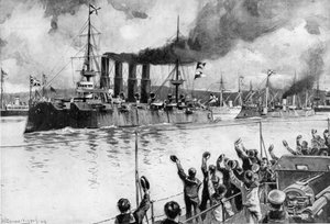 Russian cruiser on its way to the Battle of Chemulpo, Russo-Japanese War by Unbekannt