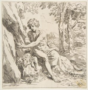 Saint John the Baptist in the desert, copy in reverse after Cantarini by Unbekannt