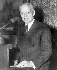 Sherman Adams 1899-1986, American politician delivering a speech by Unbekannt