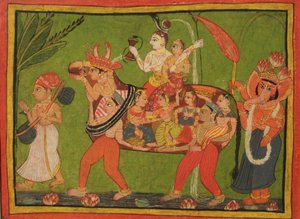 Shiva and Parvati on a Composite Cow Made of Assembled Women