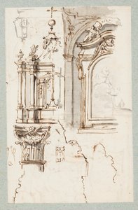 Sketches of an Altar, a Chapel Section, a Capital and Profiles of Cornices by Unbekannt