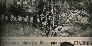 Soviet leaders visit the flower-decked bier of Stalin in Moscow