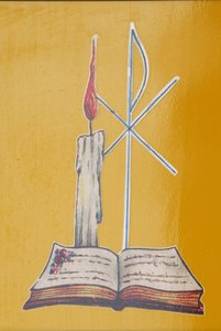 Stained Glass Window. Altar Candle and Bible, Aneho, Togo