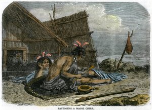 Tattooing a Maori Chief, New Zealand by Unbekannt