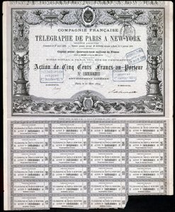 General Paris-New York Telegraph Share Certificate, 27 March 1879
