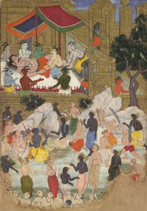 The Awakening of Kumbhakarna in the Golden City of Lanka, Folio from a Ramayana, ca. 1605 by Unbekannt