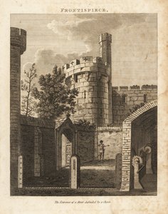 The entrance of a street defended by a chain in grooves in posts and raised by a windlass at right by Unbekannt