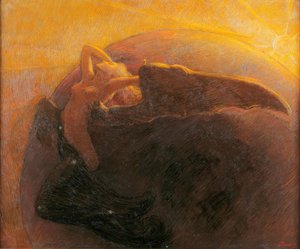 The Golden Sun Awakens the Moon Depicted as a Winged Woman