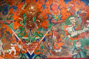 Tibetan Buddhism; old wall painting in the assembly hall; demon fighting with bows and arrows; Trakthok Gompa Monastery; Sakti near Leh; Ladakh district; Jammu and Kashmir; India; South Asia; Asia by Unbekannt
