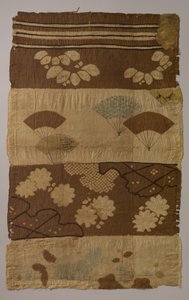 Tsujigahana Textile with Horizontal Stripes, Flowering Plants, Fans, Snowflakes by Unbekannt