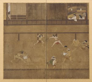 Two-panel screen depicting wrestlers