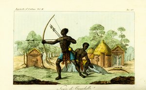 Two Luanda men of Cancobella, Angola, with bows and arrows, in front of dwellings, huts, sacred fetish altars, etc.