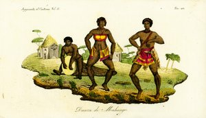 Two Mahungo women dancing the semba to music from a drum carved from a log in Angola by Unbekannt