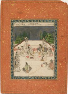 Two Women Seated on a Terrace, Surrounded by Attendants and Musicians by Unbekannt