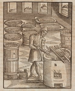 A Man Tests Saltpeter, Used in Gunpowder and Meat Preservation - Engraving from Description of Ores and Principal Mining Methods, by Lazarus Ecker