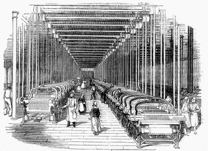 Weaving Shed Fitted with Rows of Power Looms Driven by Belt and Shafting, c1840 by Unbekannt