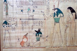 Weighing of the heart of the deceased against the feather of truth from the Egyptian Book of the Dead