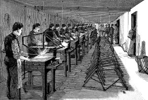Welding bicycle frames in an American factory, 1900