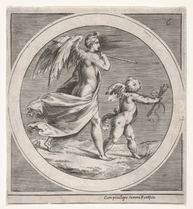 Winged Female Figure, Draped and Carrying a Staff, Striding Behind a Winged Putto by Unbekannt