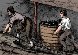 Woman and a boy working in a coal mine, Bolton, Lancashire