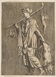 Woman returning from a hunt carrying a boar in her left hand and a stick on her r..., ca. 1515-1600