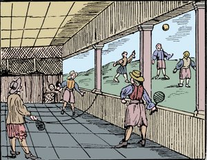 Young Men Playing a Form of Tennis by Unbekannt